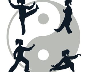 Vector silhouettes of yang woman performs a few forms of Tai Chi isolated on white background